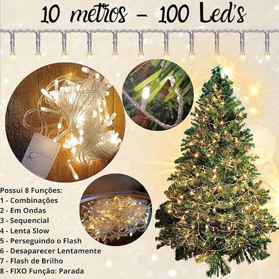 Cordão Pisca LED Branco Quente 10 Metros 110v – Decoração Natal